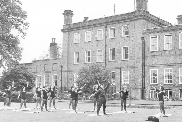 Vintage photo of outdoor group exercise at sanitarium