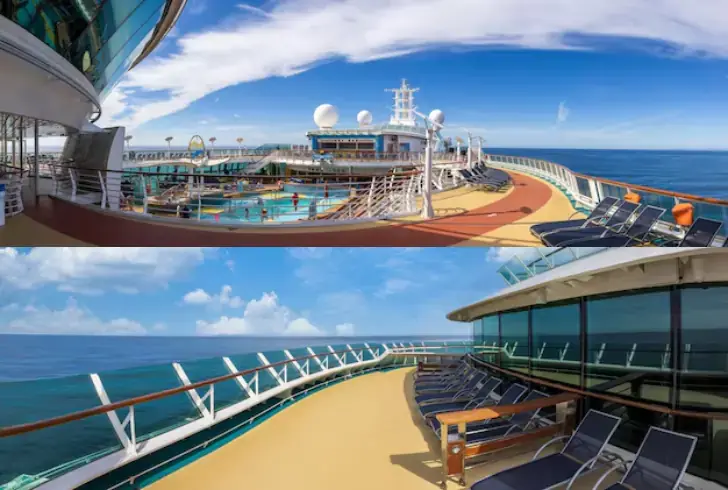 Panoramic cruise ship deck with ocean view